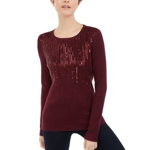 NWT INC Sweater Womens Sequin Burgundy Red Ribbed Long Sleeve Top Size M
